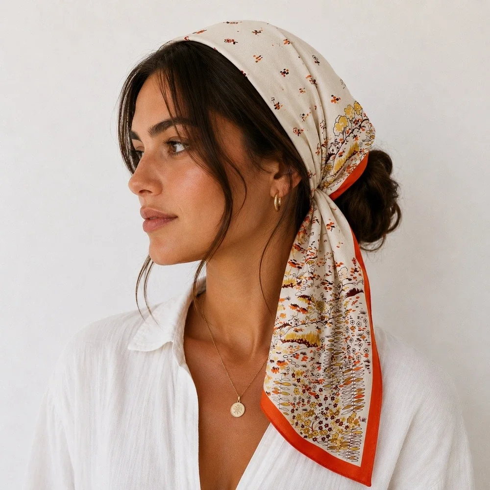Vintage Cottage Landscape Floral Scarf‎ Womens Orange Retro Mid Century Modern